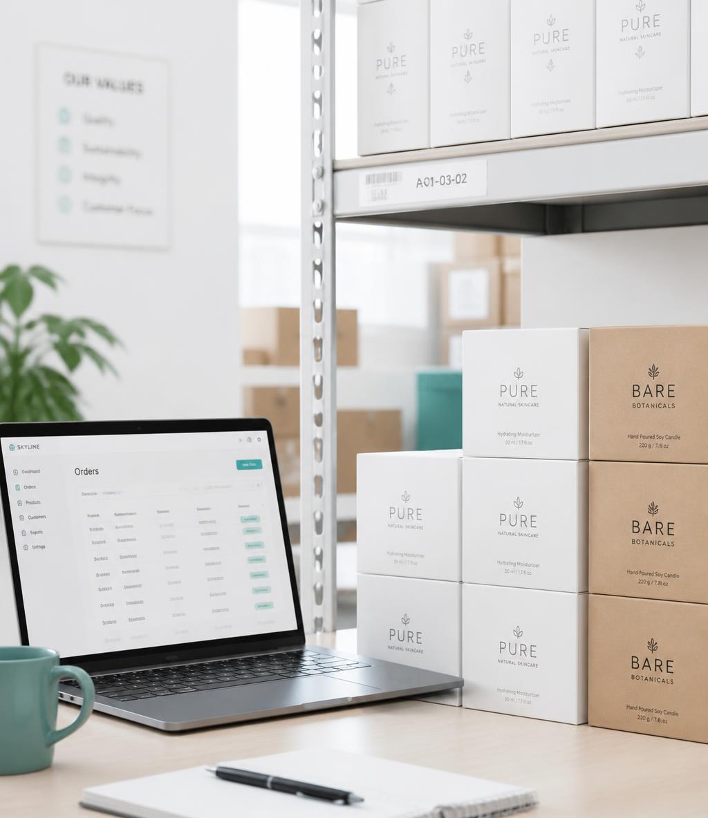 Neatly stacked branded product cartons beside a laptop in a bright warehouse office